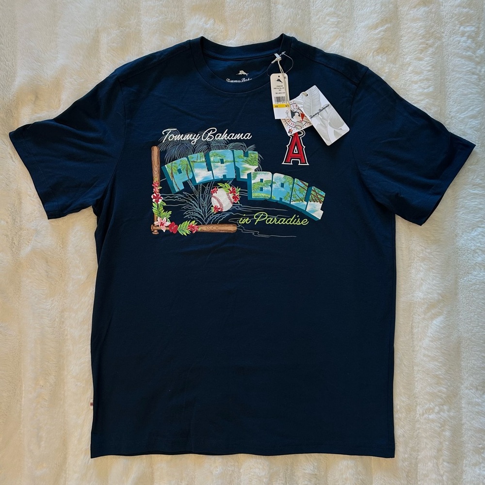 MLB Men's Los Angeles Angels Tommy Bahama Navy Play Ball in Paradise T-Shirt - Picture 2 of 8